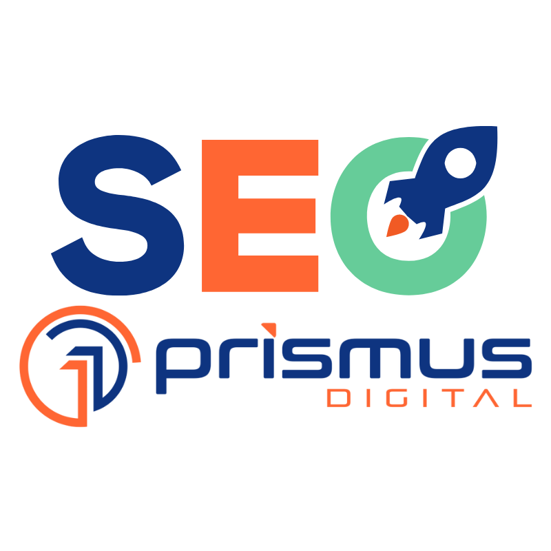 a imagem contem a palavra SEO e um desenho de um foguete em decolagem e o logo da prismus digital para simbolizar o serviço de SEO Para Dedetzadoras